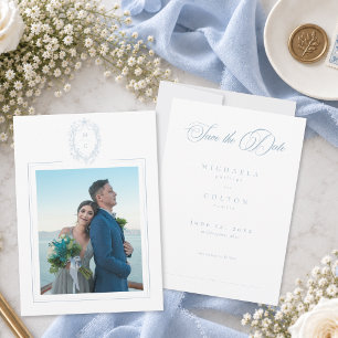 Save The Date Mariage Photo Couronne Florale Bleue Vintage Class