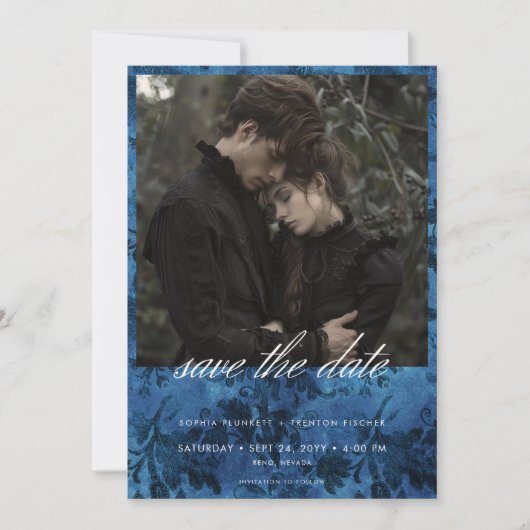 Save The Date Mariage photo Dark Moody Black & Blue Damask (Devant)