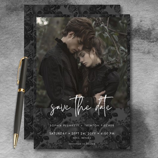 Save The Date Mariage photo Dark Moody Black Skull Damask