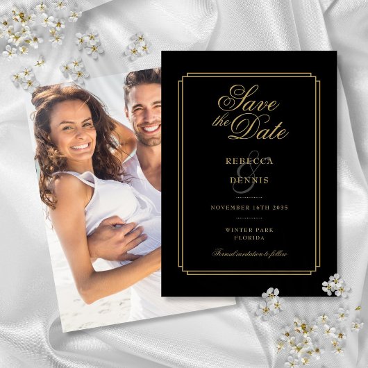 Save The Date Mariage photo d'art déco avec écriture noire et or