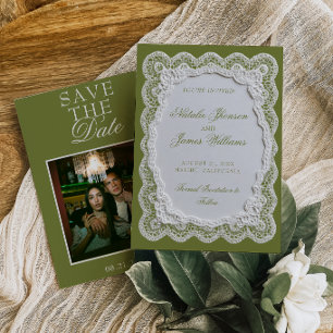 Save The Date Mariage Photo de dentelle vert olive Vieux Argent