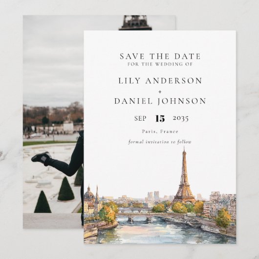 Save The Date Mariage photo de destination Paris France (Devant / Derrière)