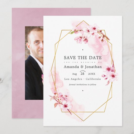 Save The Date Mariage photo de fleurs de cerisier roses géométri (Devant / Derrière)