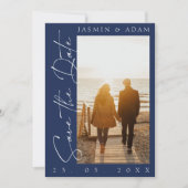 Save The Date Mariage photo de script bleu de la marine moderne (Devant)