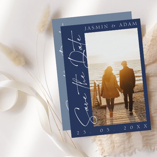 Save The Date Mariage photo de script bleu de la marine moderne