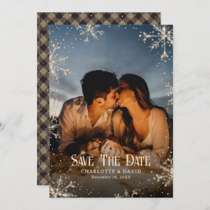 Save The Date Mariage photo d'hiver Rustic Plaid Snowflakes