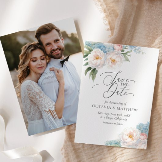 Save The Date Mariage PHOTO du script Fleurs bleu et rose doux