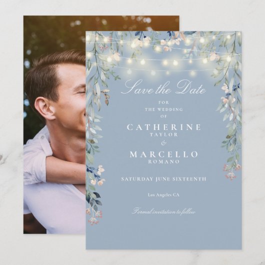 Save The Date Mariage photo Dusty Blue Floral (Devant / Derrière)