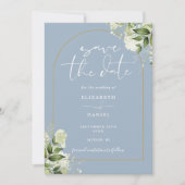 Save The Date Mariage photo Dusty Blue Greenery Gold Arch (Devant)