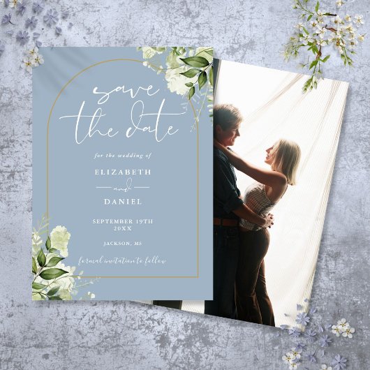 Save The Date Mariage photo Dusty Blue Greenery Gold Arch