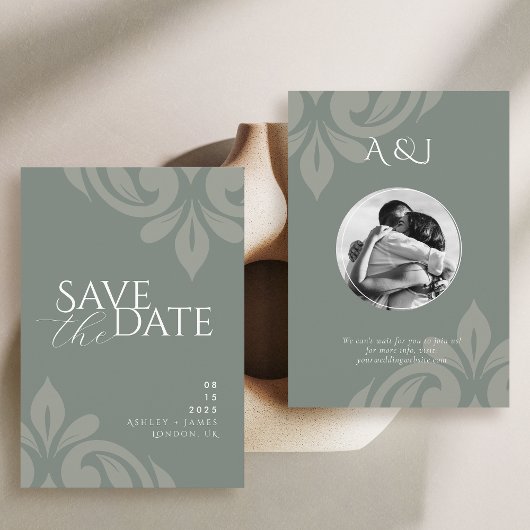 Save The Date Mariage photo Earthy Olive Script Damask