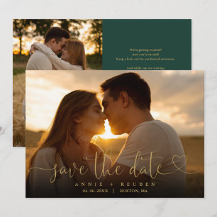 Save The Date Mariage Photo Écriture Cœur Vert Émeraude Et Or