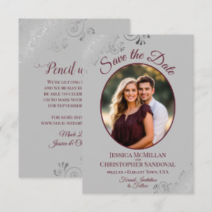 Save The Date Mariage Photo Élégant Argent & Bourgogne sur Gris