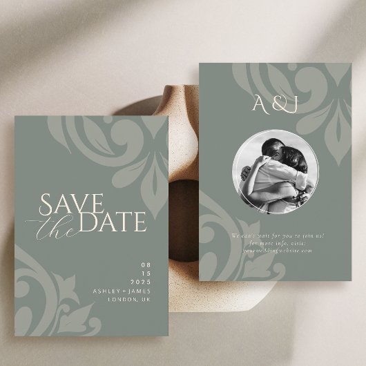 Save The Date Mariage Photo Elégant Damas Classique Olive Terreu