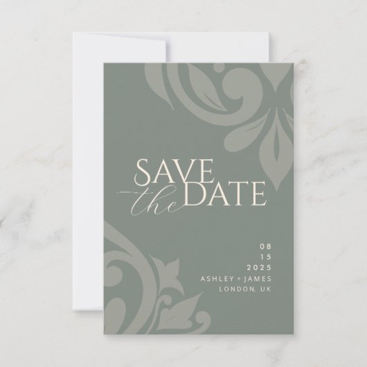 Save The Date Mariage photo élégant Damask Classique Olive Terre (Devant)