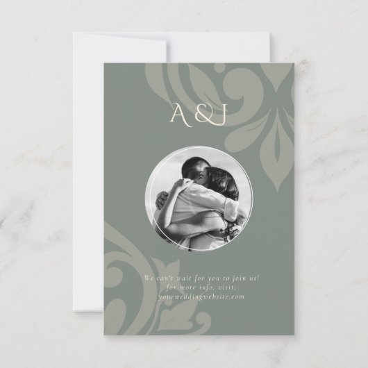 Save The Date Mariage photo élégant Damask Classique Olive Terre (Dos)
