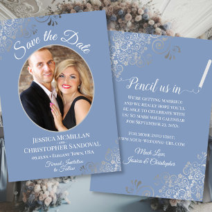 Save The Date Mariage photo élégant en argent et bleu foncé