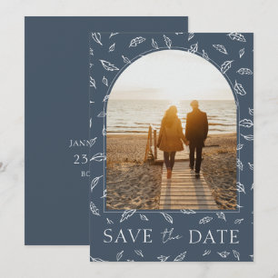 Save The Date Mariage Photo Élégant Feuille Bleu Ardoise