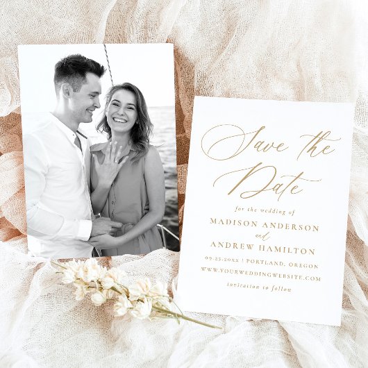 Save The Date Mariage photo Elegant Gold Calligraphy