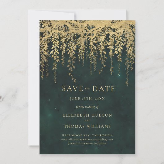 Save The Date Mariage photo Emerald Chic Enchanted Gold Greenery (Devant)