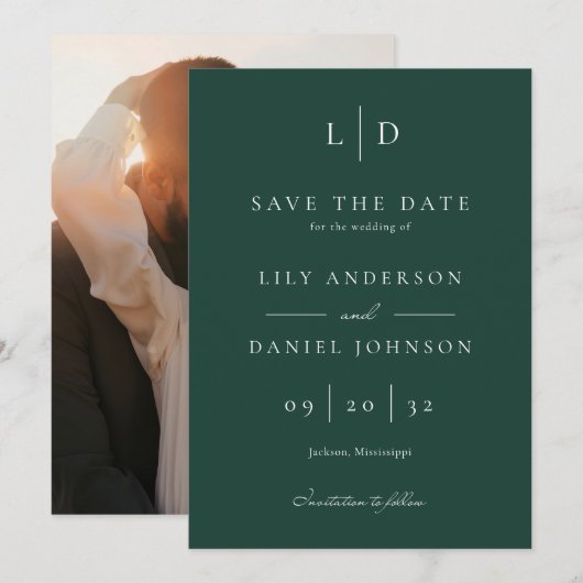 Save The Date Mariage photo Emerald Green Minimalist (Devant / Derrière)