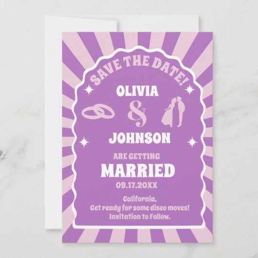 Save The Date Mariage photo en arc de courbe ondulée rétro viole (Devant)