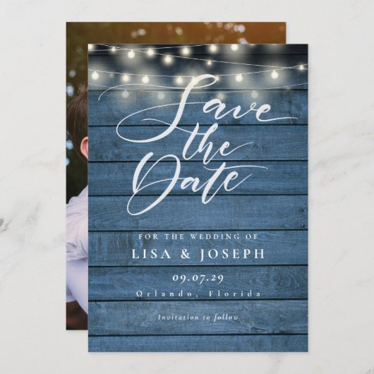 Save The Date Mariage photo en bois bleu rustique (Devant / Derrière)