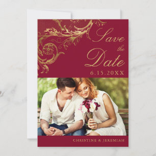 Save The Date Mariage photo en damas floral or burgundy vintage