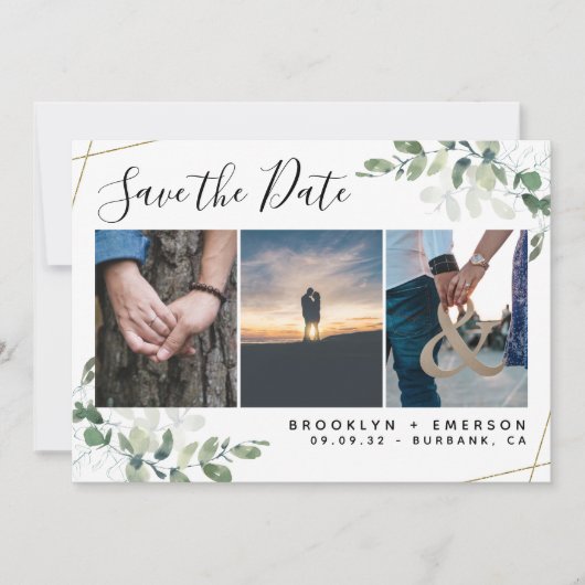Save The Date Mariage photo Eucalyptus Greenery Gold Parties sci (Devant)