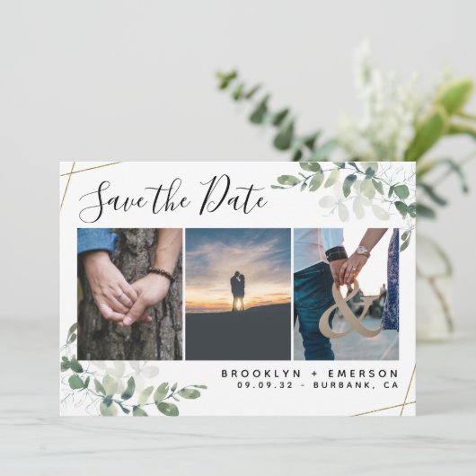 Save The Date Mariage photo Eucalyptus Greenery Gold Parties sci (Debout devant)