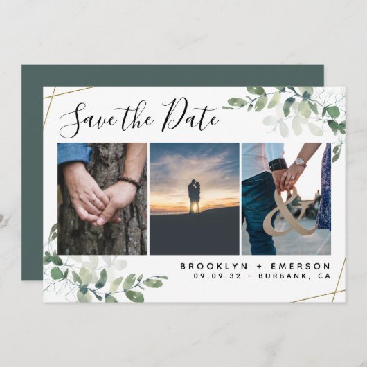 Save The Date Mariage photo Eucalyptus Greenery Gold Parties sci (Devant / Derrière)