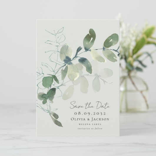 Save The Date Mariage photo Eucalyptus Script (Debout devant)