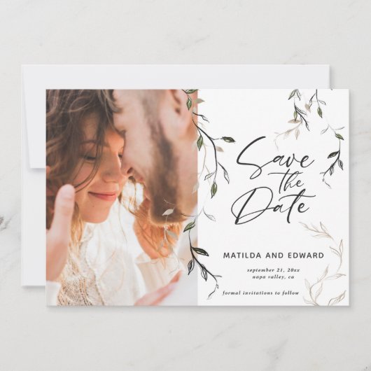 Save The Date Mariage photo feuillage botanique en feuilles croi (Devant)