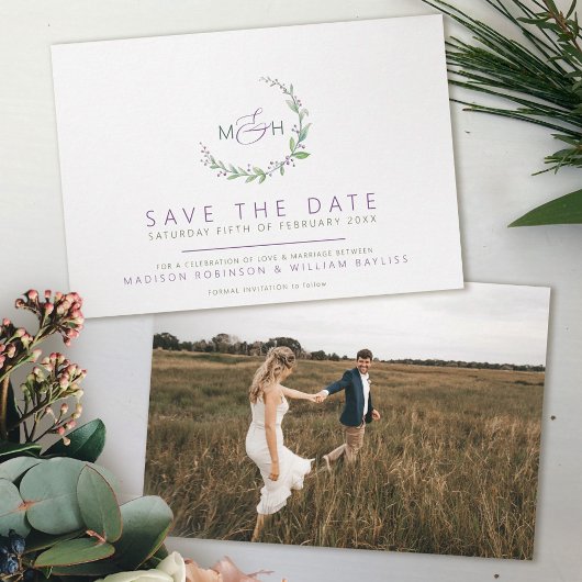 Save The Date Mariage photo feuille vert de baies violettes