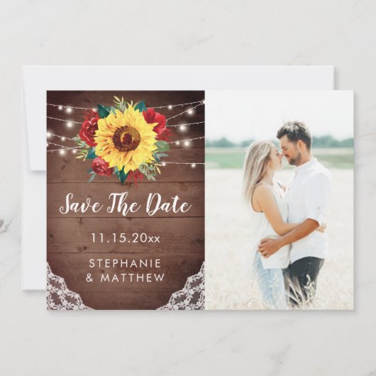 Save The Date Mariage Photo Fleur Rouge Dentelle Tournesol Rusti (Devant)