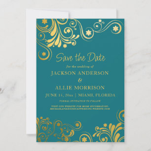 Save The Date Mariage Photo Fleurie Or Turquoise Clair