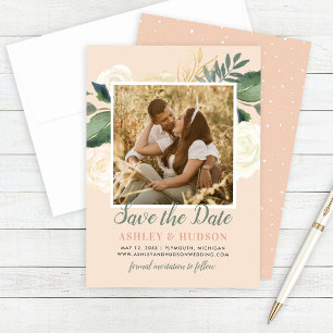 Save The Date Mariage Photo Floral Aquarelle Pêche