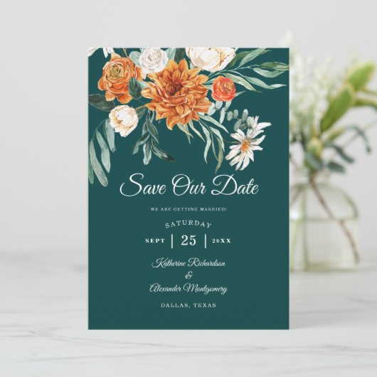 Save The Date Mariage photo floral automnal en terre cuite sarce (Debout devant)