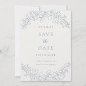Save The Date Mariage photo floral bleu délicat (Devant)