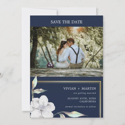 Save The Date Mariage photo floral bleu marine et cadre or (Devant)