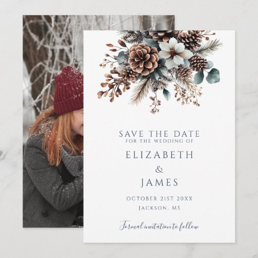 Save The Date Mariage Photo Floral de Cônes de Pin Rustique Élég (Devant / Derrière)