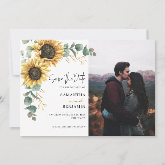 Save The Date Mariage photo floral de tournesol Eucalyptus (Devant)