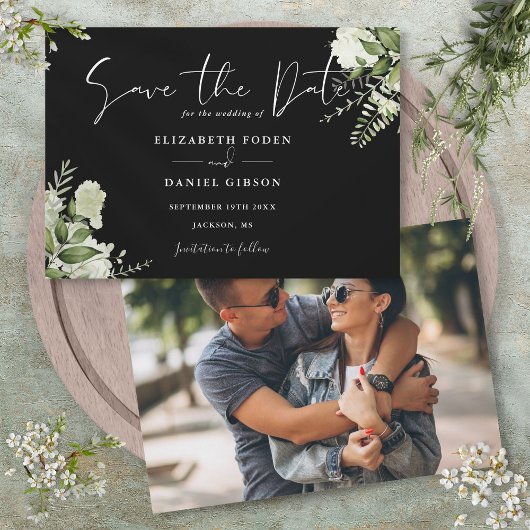 Save The Date Mariage Photo Floral De Verdure Noire Et Blanc