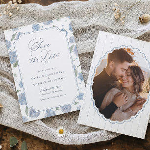 Save The Date Mariage photo floral élégant Hortensia Bleu
