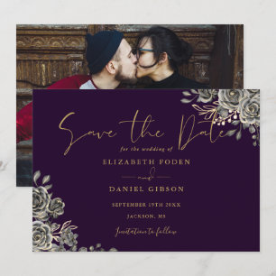 Save The Date Mariage photo floral gothique violet et or