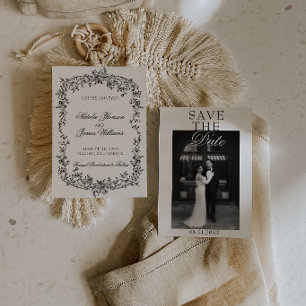 Save The Date Mariage photo floral noir et blanc élégant