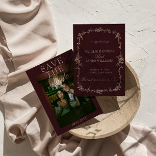 Save The Date Mariage Photo Floral Retro Burgundy Tamarin Élégan