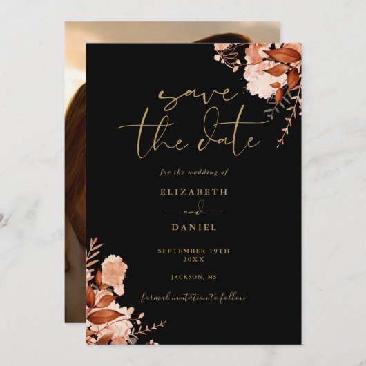 Save The Date Mariage photo Floral Rustique Black And Gold Fall (Devant / Derrière)