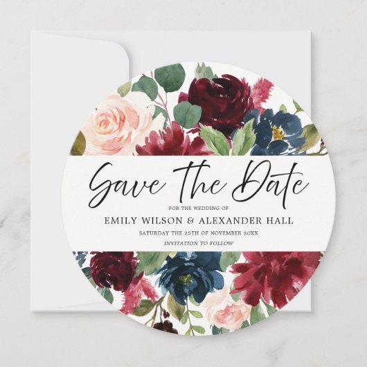 Save The Date Mariage Photo Floral Script Vin Rouge de Bourgogne (Devant)