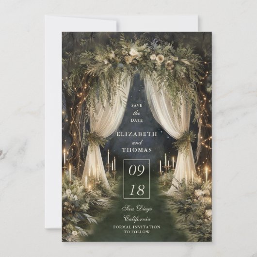 Save The Date Mariage photo Forêt enchantée Canopée romantique (Devant)